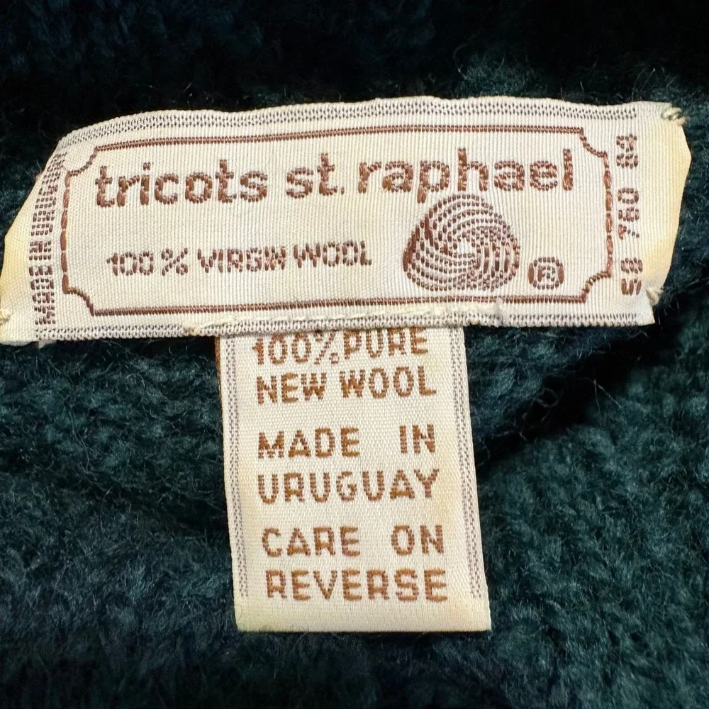 Vintage Tricots St Raphael Turtleneck Sweater Mens M Green Wool Cable Knit